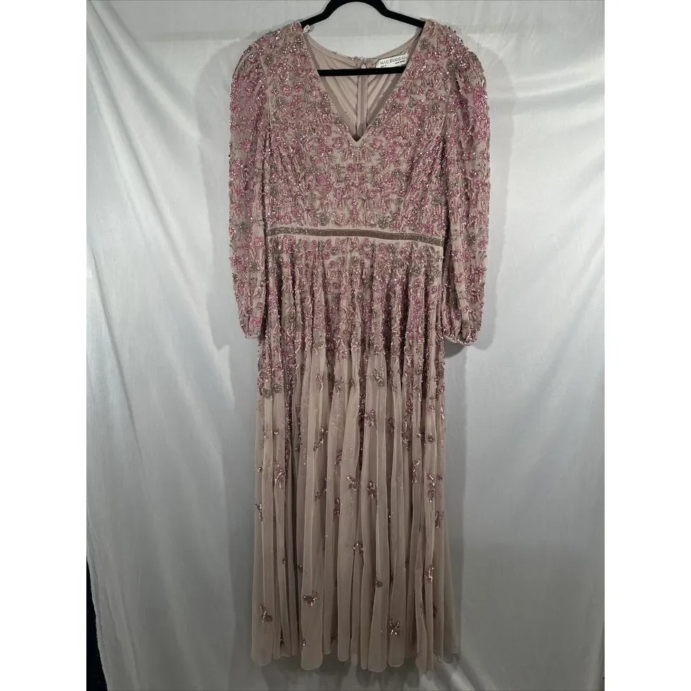 NWT $798 Mac Duggal [ 14 ] Embellished V Neck 3/4 Sleeve A Line Gown Rose #G1761 - Picture 9 of 16